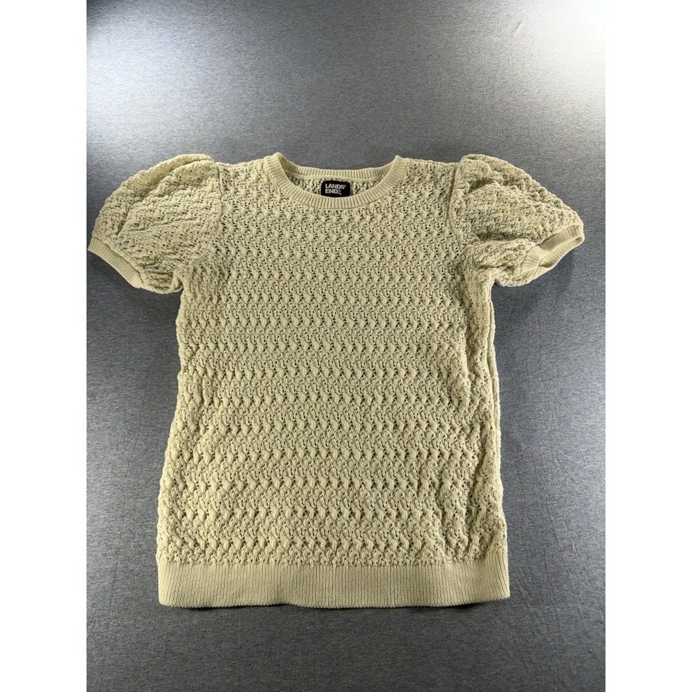 Lands' End Women's S Ivory 100% Cotton Open Knit Puff Sleeve Sweater Top - Picture 2 of 9